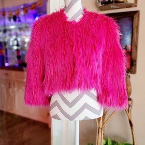 Vintage Y2K Hot Pink Cropped Shaggy Faux Fur Jacket Barbie Pink